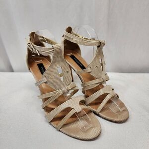 Ann Taylor Gold Strappy High Heel Sandals Size 8.5, 3.5” Heel Party Formal Shoes